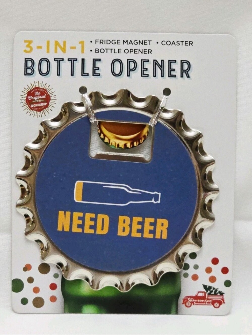 3-in-1 Bottle Opener, Coaster & Fridge Magnet NEED BEER Cap Shape Man Cave NEW
